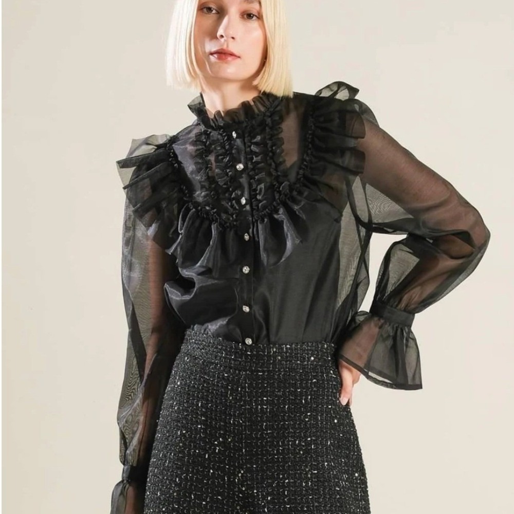 FREEMARKET To My Love Black Sheer Organza Ruffle  Blouse Size Small